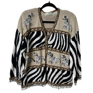 Vintage Design options 3D Zebra Cardigan Womens L Animal‎ Print Beaded Fringe